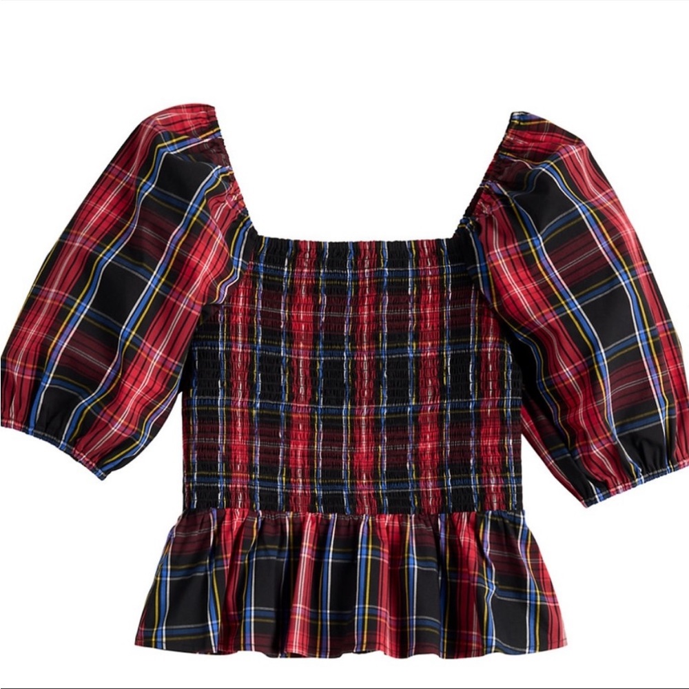 Plaid Puff Sleeve Smocked Top - Red